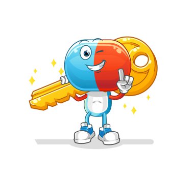 Kapsül başlıklı çizgi film anahtar maskotu taşıyor. çizgi film vektörü
