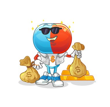 Kapsül kafalı zengin çizgi film karakteri. çizgi film maskotu vektörü