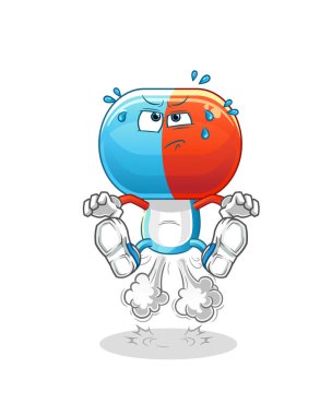 Kapsül kafalı çizgi film osuruk atlaması illüstrasyonu. karakter vektörü