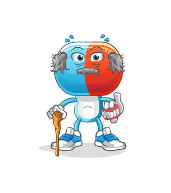 Kapsül kafalı, çizgi film karakteri, beyaz saçlı yaşlı adam. karakter vektörü