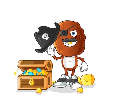 Hazine maskotuyla meyve kafalı karikatür korsanıyla çıkmak. çizgi film vektörü