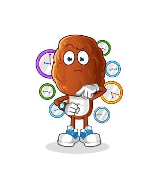 Kol saati olan meyve kafalı bir çizgi film. çizgi film maskotu vektörü