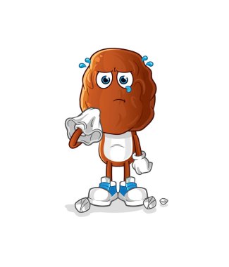 Meyve kafalı çizgi film karakteri peçeteyle ağlar. çizgi film maskotu vektörü