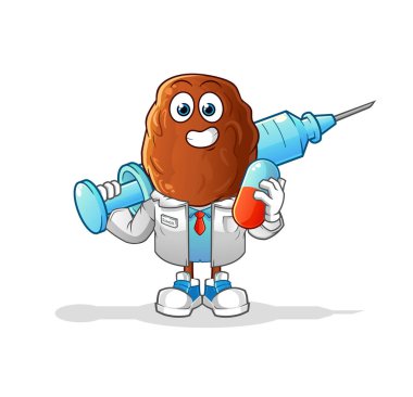 Meyve kafalı karikatür doktoru elinde ilaç ve iğne tutuyordu.