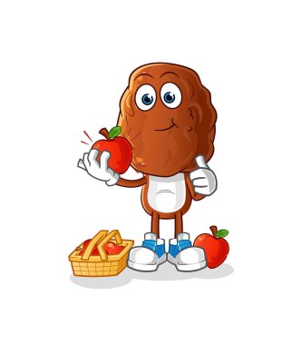 Meyve kafalı çizgi film karakteri elma resmi yiyor. karakter vektörü