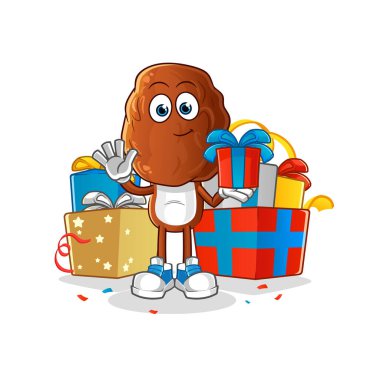 Meyve kafa çizgi filmi hediye maskotu verir. çizgi film vektörü