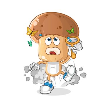 Mantar kafalı çizgi film kelebek resimlerini yakalıyor. karakter vektörü