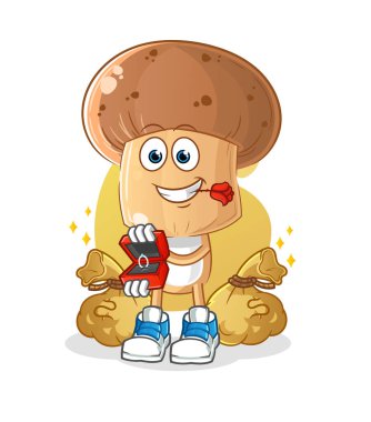 Mantar kafalı çizgi film karakteri yüzükle evlenme teklif ediyor. çizgi film maskotu vektörü