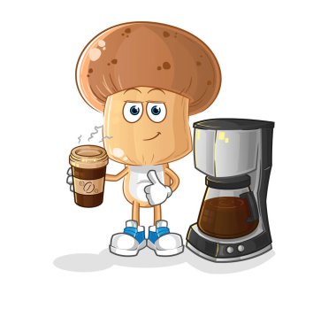 Mantar kafalı çizgi film karakteri kahve illüstrasyonu içiyor. karakter vektörü