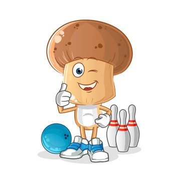 Mantar kafalı çizgi film karakteri bowling oynuyor. karakter vektörü