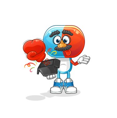 Kapsül kafalı karikatür şaka eldiveni kutuda. çizgi film maskotu