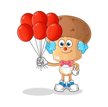 Balon vektörlü mantar kafalı palyaço. çizgi film karakteri