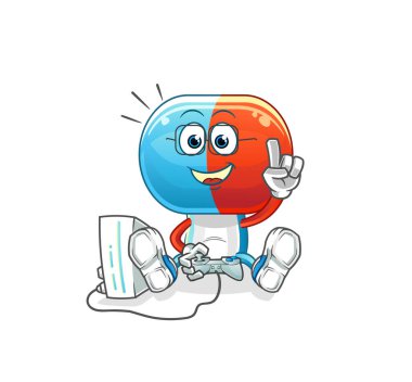 Video oyunları oynayan kapsül kafalı çizgi film. çizgi film karakteri