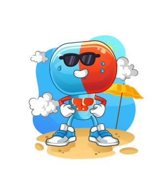 Kapsül kafalı çizgi film karakteri yazın güneşleniyor. karakter vektörü