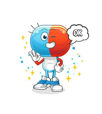 Kapsül kafalı çizgi film karakteri de maskota katılıyor. çizgi film vektörü