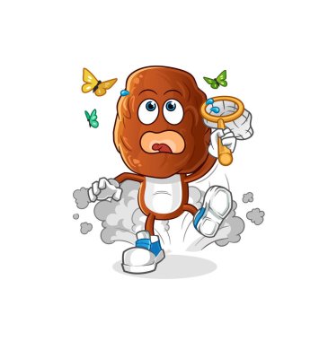 Meyve kafalı çizgi film karakteri kelebek resimlerini yakalıyor. karakter vektörü