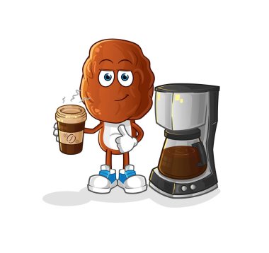 Meyve kafalı çizgi film karakteri kahve resimlerini içiyor. karakter vektörü