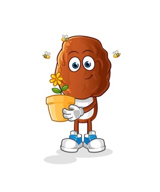 Çiçek saksısı olan meyve kafalı bir karikatür. karakter vektörü