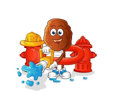 Meyve kafalı çizgi film itfaiyecisi vektörüyle çık. çizgi film karakteri