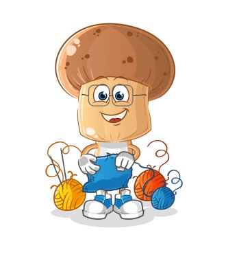 Mantar kafalı karikatür terzi maskotu. çizgi film vektörü