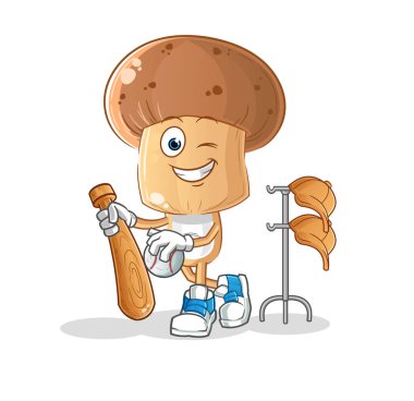 Beyzbol maskotu oynayan mantar kafalı çizgi film karakteri. çizgi film vektörü