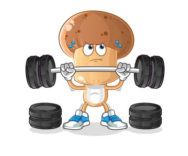 Mantar kafalı çizgi film, halter karakterini kaldırıyor. çizgi film vektörü