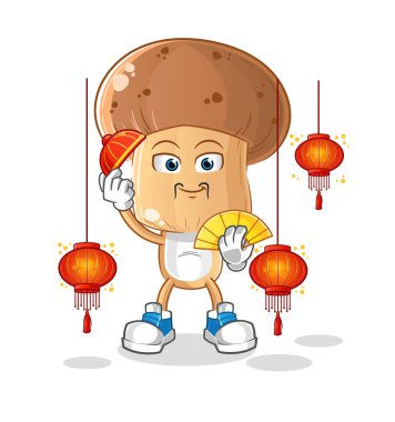 Fener resimli mantar kafalı Çin çizgi filmi. karakter vektörü