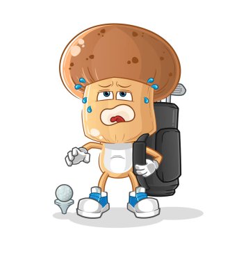 Golf ekipmanlarıyla mantar kafalı çizgi film. çizgi film maskotu vektörü