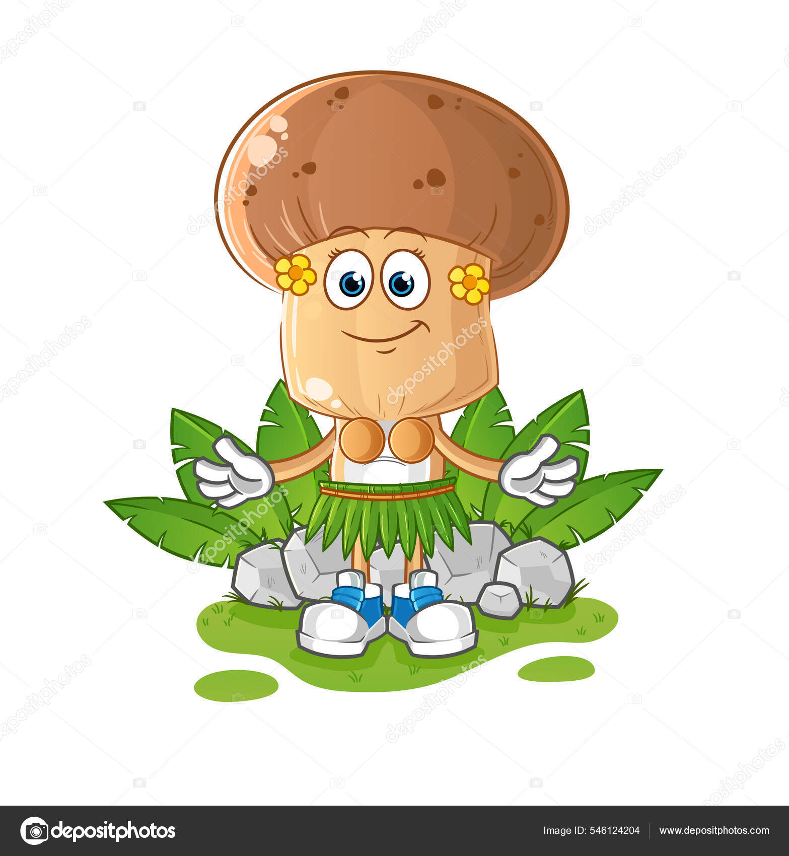 Mushroom Head Cartoon Hawaiian Waving Character Cartoon Vector Stock