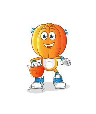 Yıldız meyve kafalı çizgi film karakteri basketbol topu sürüyor. çizgi film vektörü