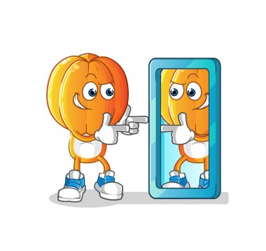 Yıldız Meyve Kafa çizgi filmi aynaya bakıyor. çizgi film maskotu vektörü