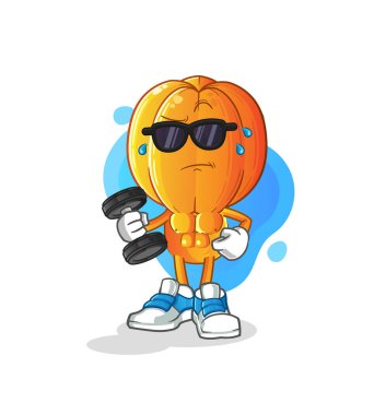 Yıldız meyve kafa çizgi filmi dambıl vektörünü kaldırıyor. çizgi film karakteri