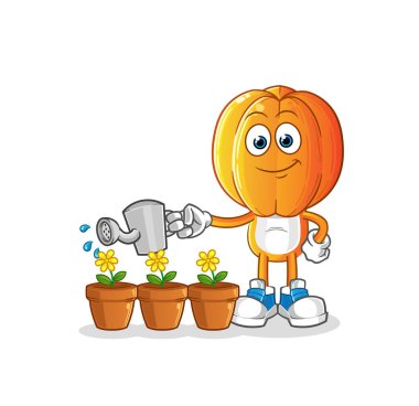 Yıldız meyve kafalı çizgi film karakteri çiçek maskotunu suluyor. çizgi film vektörü