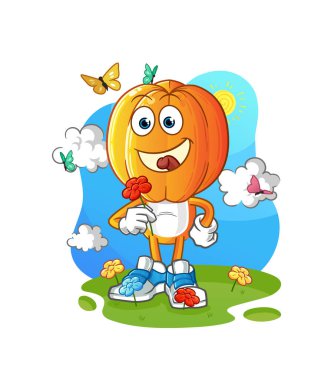 Yıldız meyve kafalı çizgi film karakteri baharda çiçek toplar. karakter vektörü