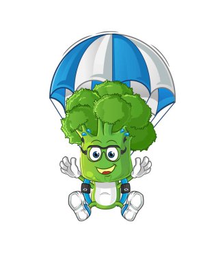 Brokoli kafalı, paraşütle atlama karakteri. çizgi film maskotu vektörü
