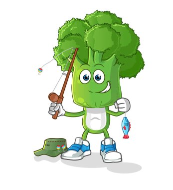 Brokoli kafalı karikatür balıkçısı illüstrasyonu. karakter vektörü