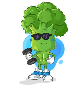 Brokoli kafa karikatürü dambıl vektörünü kaldırıyor. çizgi film karakteri