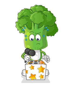 Brokoli kafalı çizgi film karakteri bir köstebek maskotuna vuruyor. çizgi film vektörü