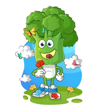 Brokoli kafalı çizgi film karakteri baharda çiçek toplar. karakter vektörü