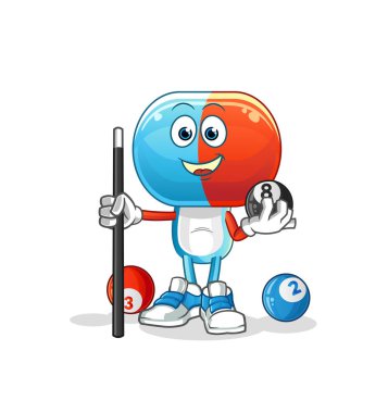 Kapsül kafalı çizgi film bilardo karakterini canlandırıyor. çizgi film vektörü