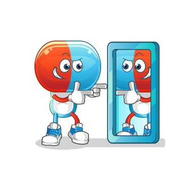 Kapsül kafalı çizgi film aynaya bakıyor. çizgi film maskotu vektörü