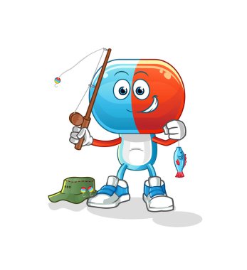 Kapsül kafalı karikatür balıkçısı illüstrasyonu. karakter vektörü