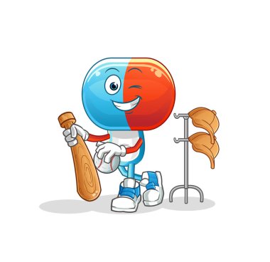 Kapsül kafalı çizgi film beyzbol maskotunu oynuyor. çizgi film vektörü