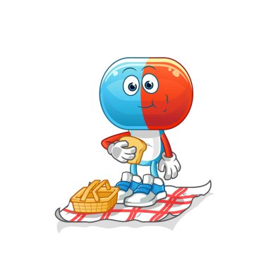 Piknikte kapsül kafası çizgi filmi. çizgi film maskotu vektörü