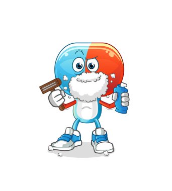 Kapsül kafalı çizgi film karakteri sakal tıraşı vektörü. çizgi film karakteri