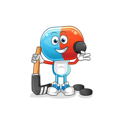 Hokey vektörü oynayan kapsül kafalı çizgi film. çizgi film karakteri