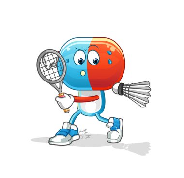 Badminton oynayan kapsül kafalı çizgi film. karakter vektörü