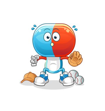 Kapsül kafalı çizgi film beyzbol tutucusu. çizgi film maskotu vektörü