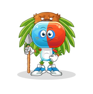 Kapsül kafalı çizgi film kabile maskotu. çizgi film vektörü