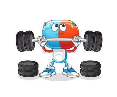 Kapsül kafalı çizgi film, halter karakterini kaldırıyor. çizgi film vektörü